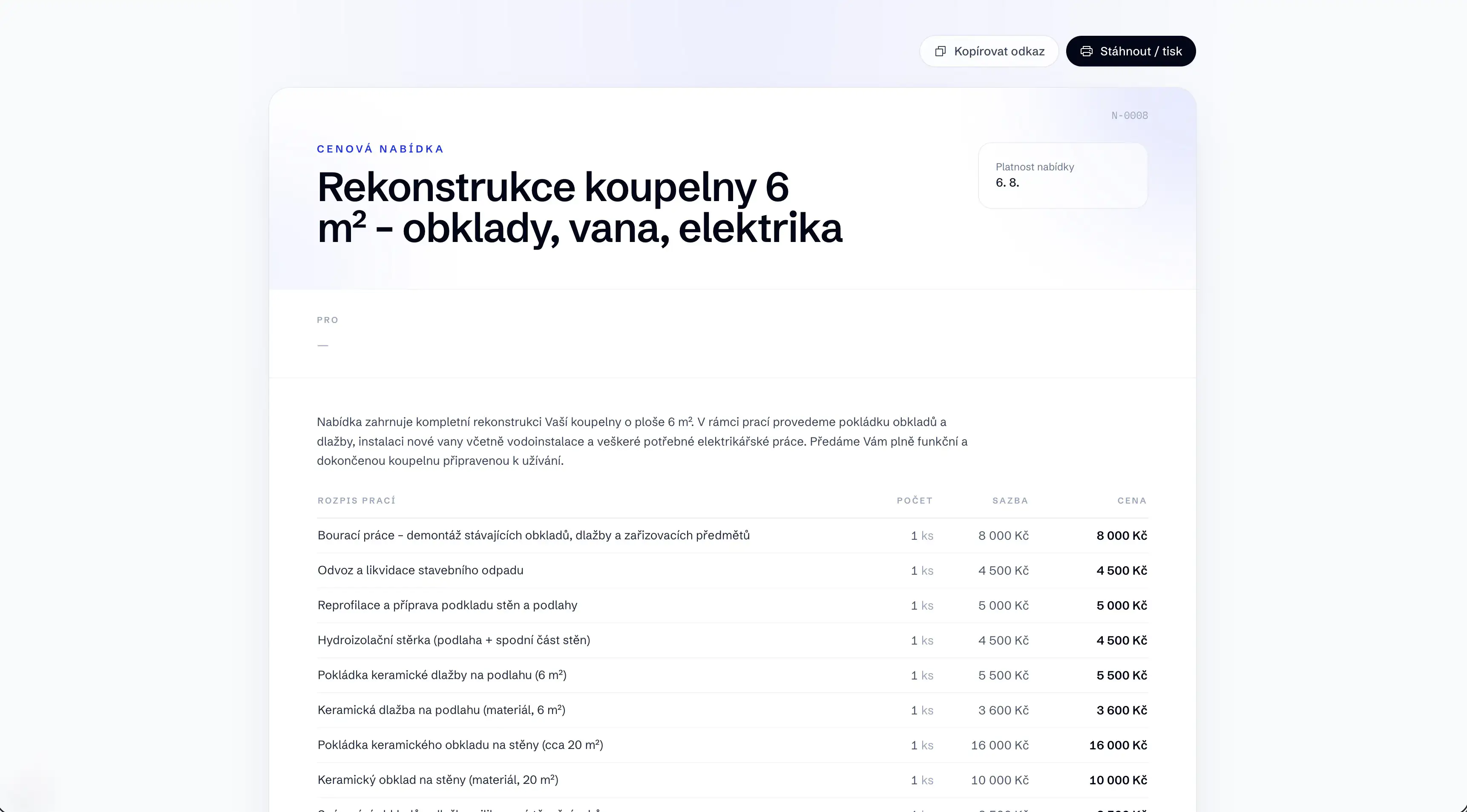 Cenová nabídka z Oktomatu, jak ji vidí klient v prohlížeči — varianty, položky a tlačítko Schválit